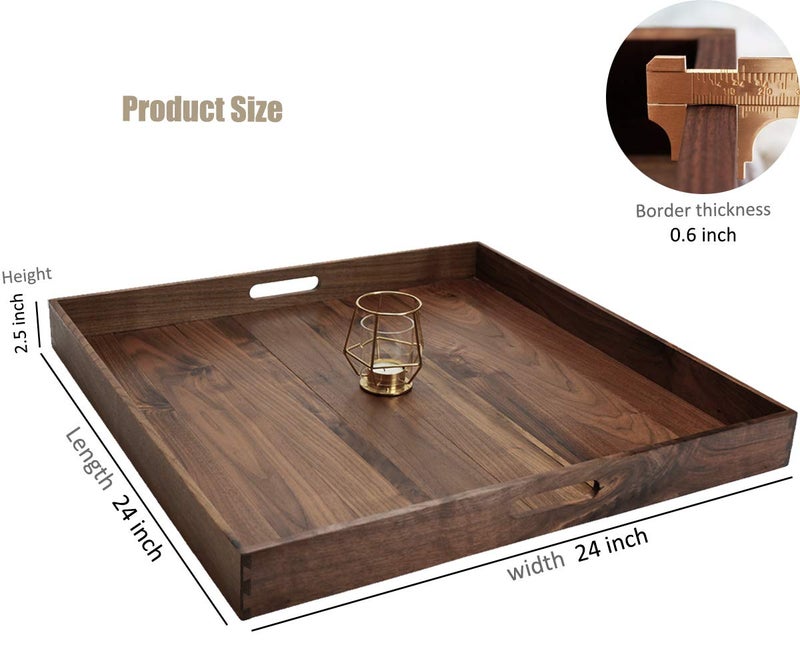 MAGIGO 24 x 24 Inches Extra Large Square Black Walnut Wood Ottoman Tray with Handles, Serve Tea, Coffee or Breakfast in Bed, Classic Wooden Decorative Serving Tray - Image 2